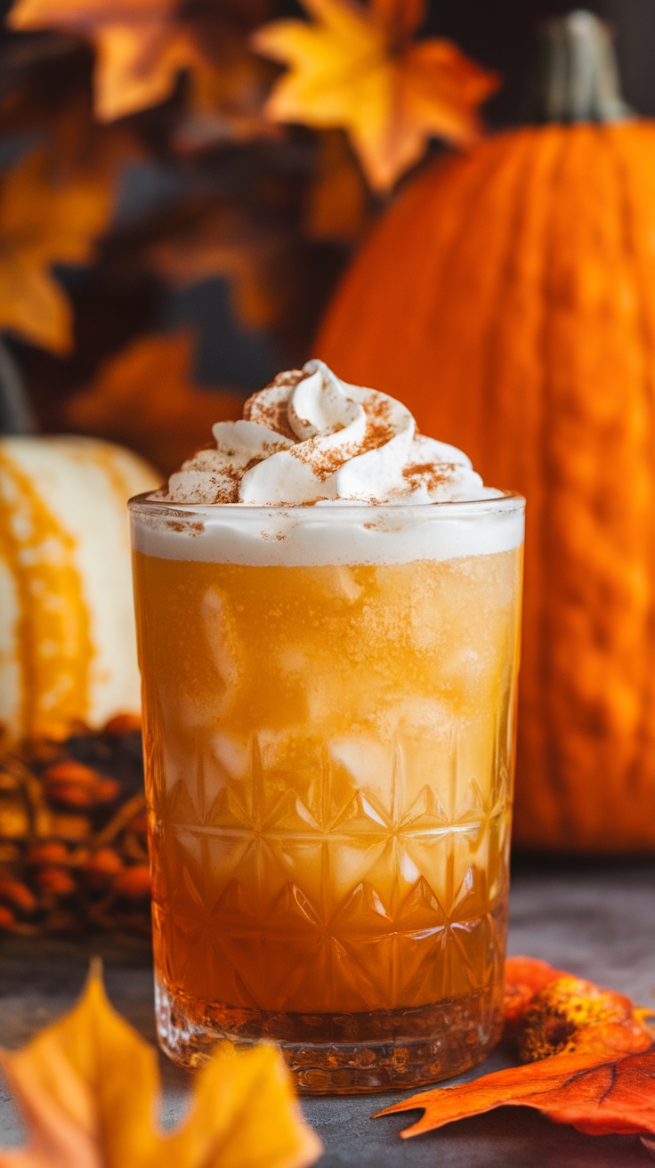 Pumpkin Spice Cream Soda Mocktail with whipped cream and cinnamon on top in an autumn-themed setting.